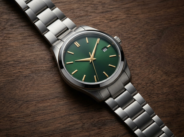 The Laureate — steel round watch with green sunburst dial and gold hands